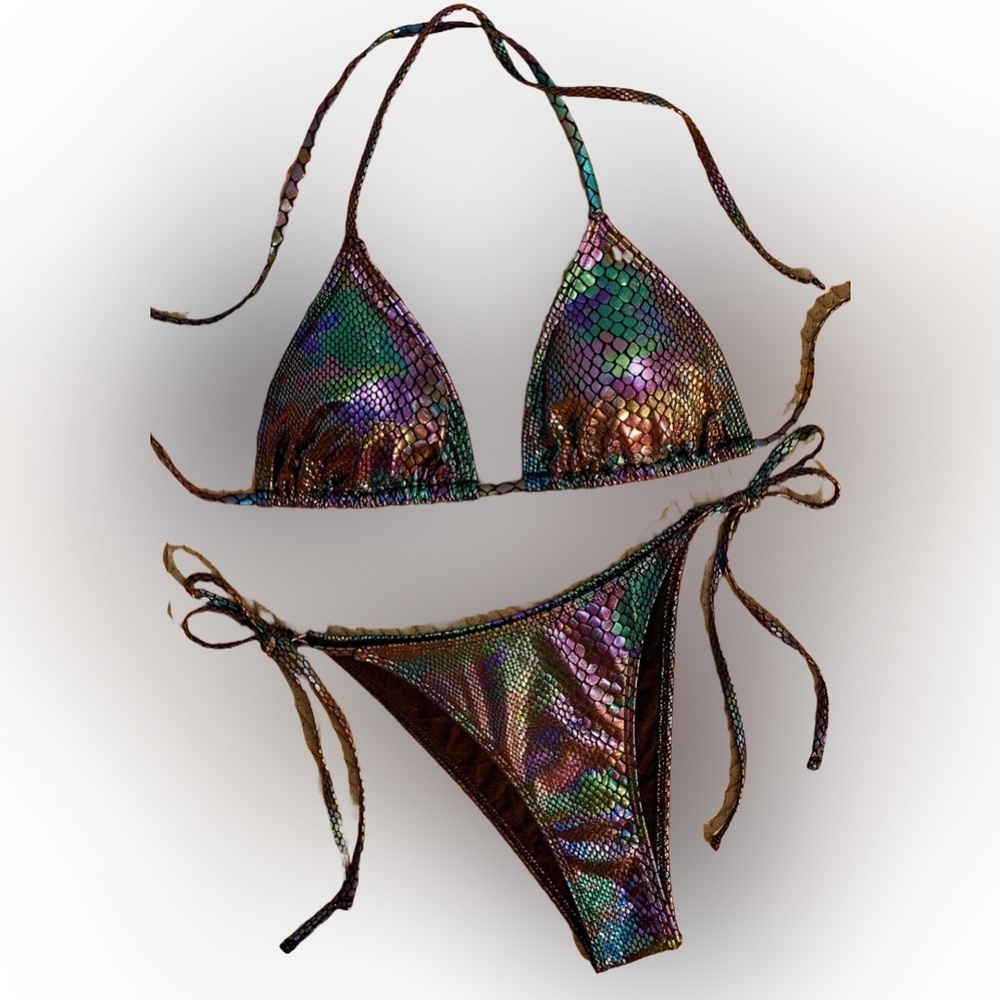 Multicolor Snake Print Triangle Halter Side Tie Bikini Set
